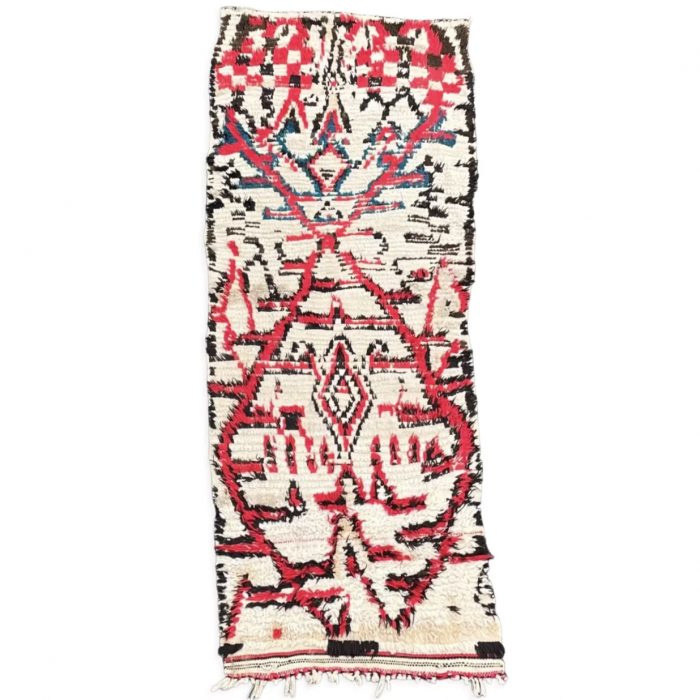 Red and colored Berber carpet Azilal, oriental pattern. Dimensions: 70 by 180 cm