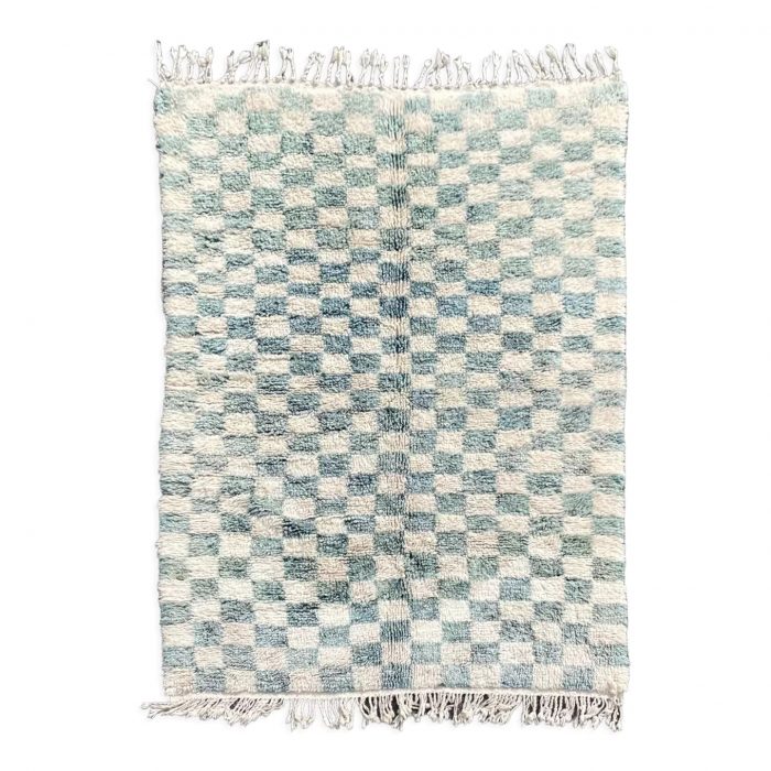 Berber carpet Beni Ouarain Damier style washed out, blue and white color.