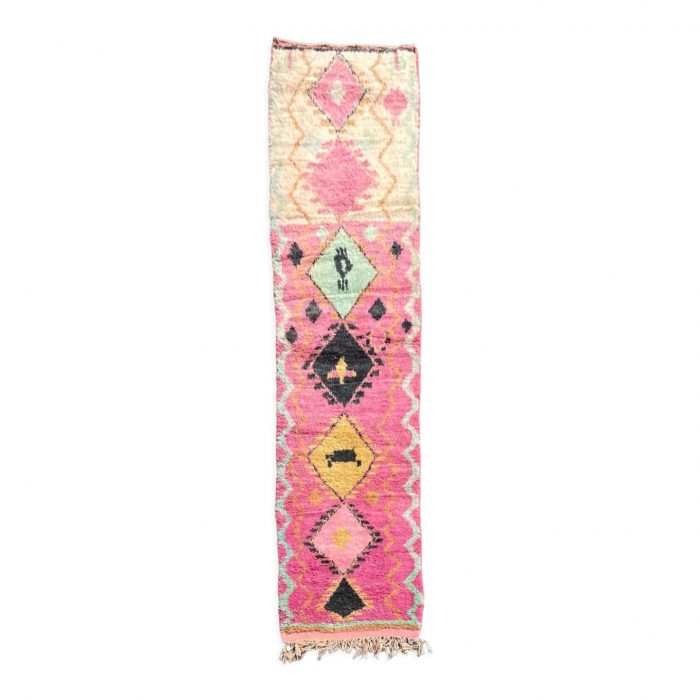 Berber carpet Boujaad pink for corridor. Traditional Moroccan geometric patterns.
