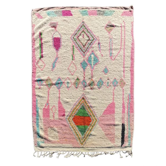 Moroccan Berber carpet Boujaad ecru color with traditional pink patterns