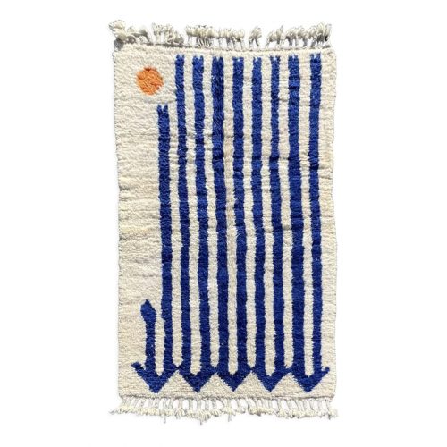Berber carpet beni ouarain modern with abstract patterns, blue bands and a sun on a white background