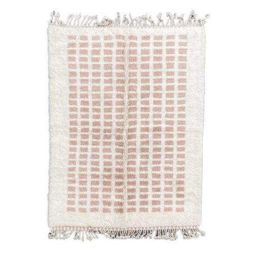 Tapis Berbere Marocain moderne, avec des petits carrés marrons sur fond blanc