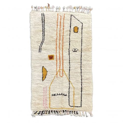 Modern Berber carpet Beni Ouarain of white color with abstract motives representing a face.