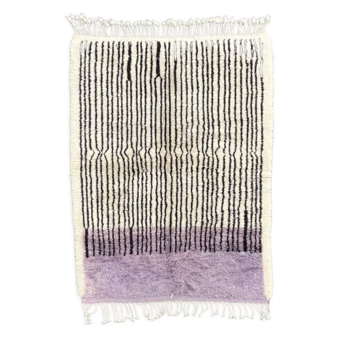 Modern Berber carpet with a purple stripe at the bottom, a white background and black stripes in the vertical direction.