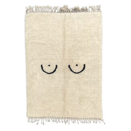 Modern Berber carpet contemporary minimalist white ecru with breasts in the center