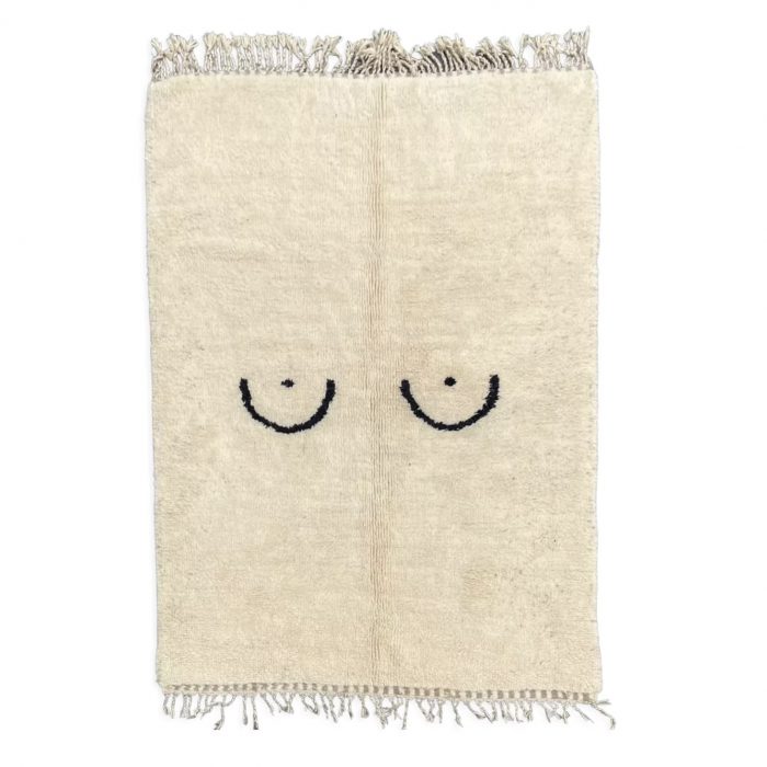 Modern Berber carpet contemporary minimalist white ecru with breasts in the center