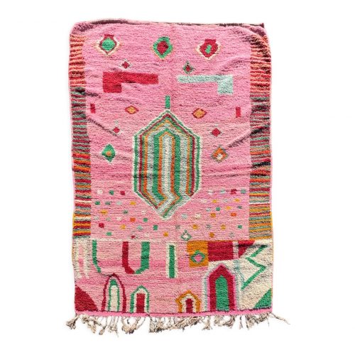 Beautiful Berber carpet bouda pink with traditional Moroccan multicolor patterns.