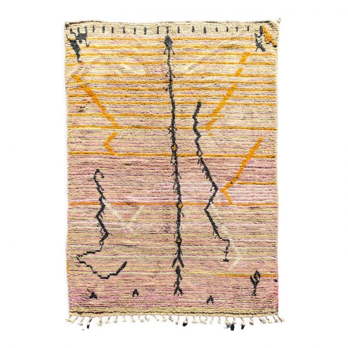 Moroccan Berber carpet modern style with a nice gradient of color from purple to beige through yellow. The whole with some beautiful abstract stripes of black color.