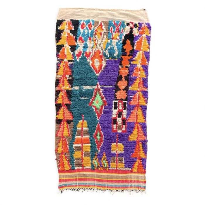 Tapis Berbere Boucherouite multicolore, fait à la main avec du coton et de la laine. 