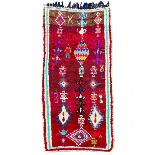 Tapis berbere boucheruite marocain rouge avec des losanges multicolores