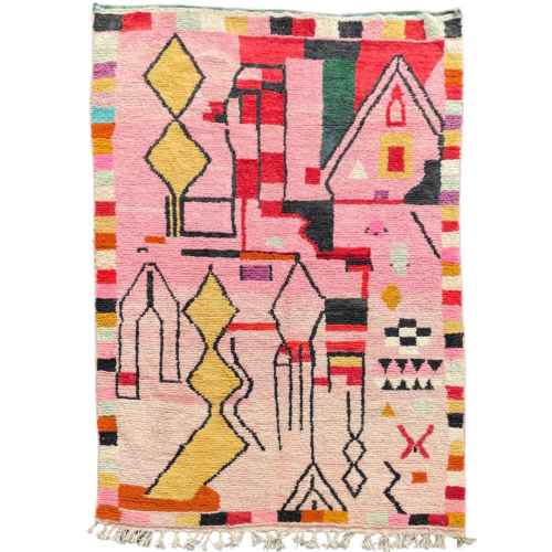 Tapis Berbere Marocain Boujaad rose et jaune avec des motifs traditionnels marocains 