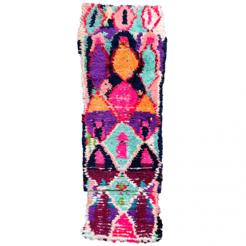 Tapis Berbere Marocain Boucherouite avec des losanges violets, rose et bleu
