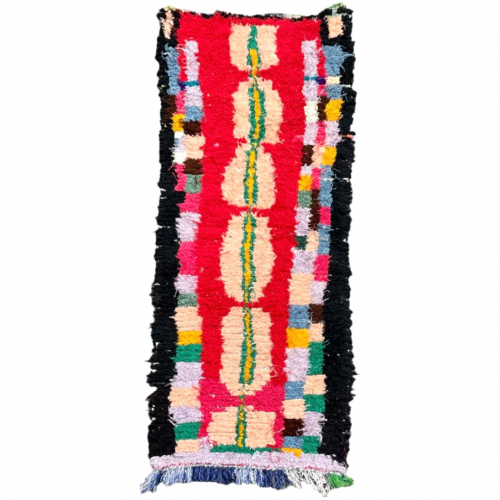 Tapis Berbere Marocain Boucheruite Rouge avec des bandes noires sur les côtés