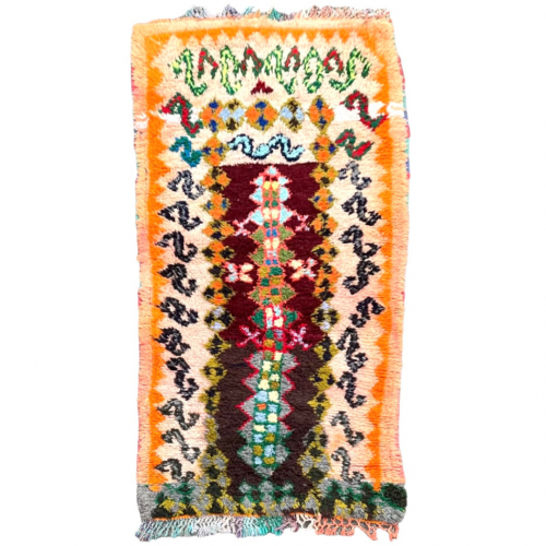 Tapis Marocain Berbere Boucherouite marron et beige. 