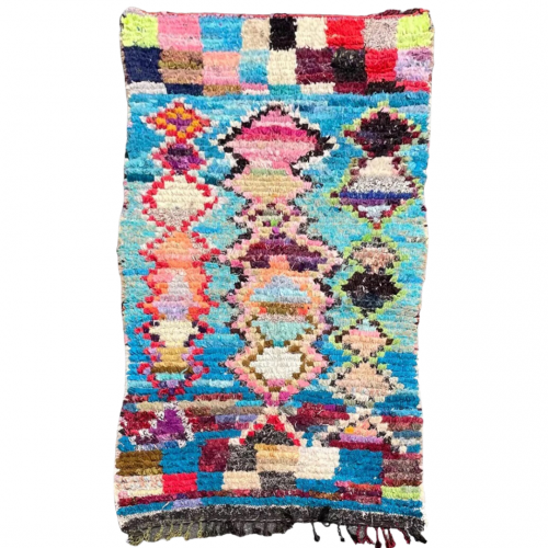 Blue and multicolored Berber carpet Boucherouite Vintage