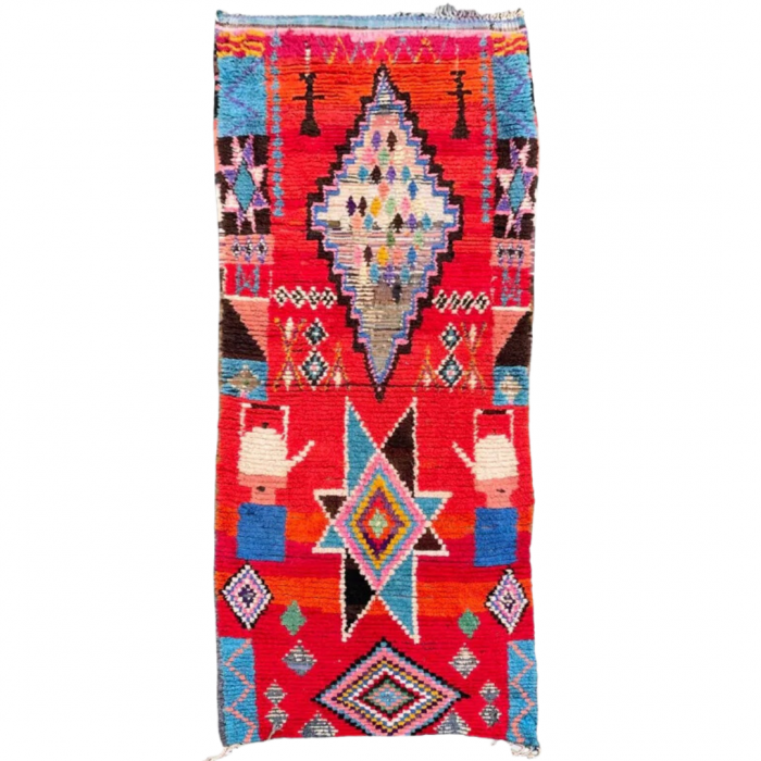 Red and blue vintage Berber Boucherouite Moroccan rug