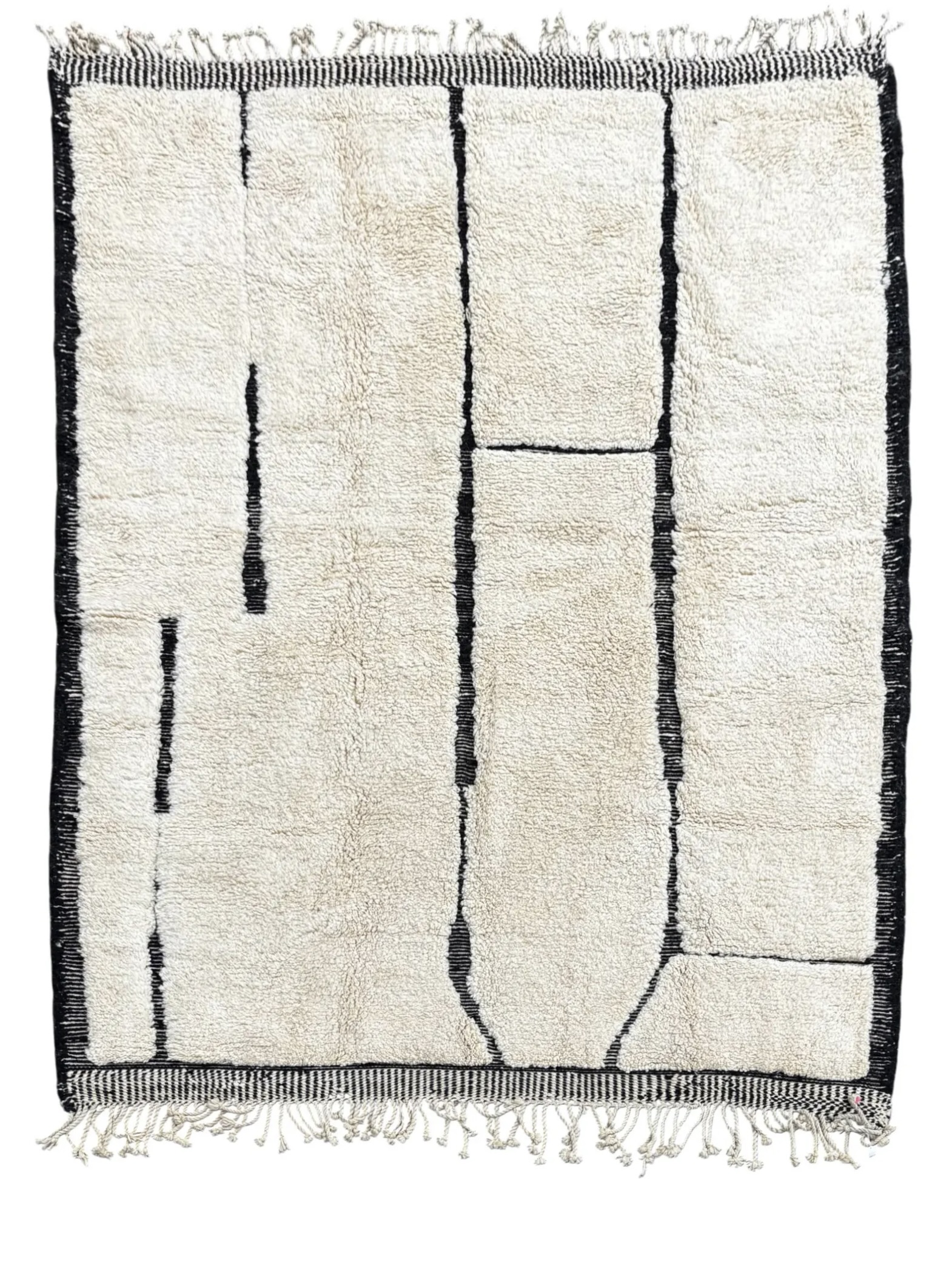 Beige rug with black vertical lines creating rectangular shapes and fringed edges on two sides