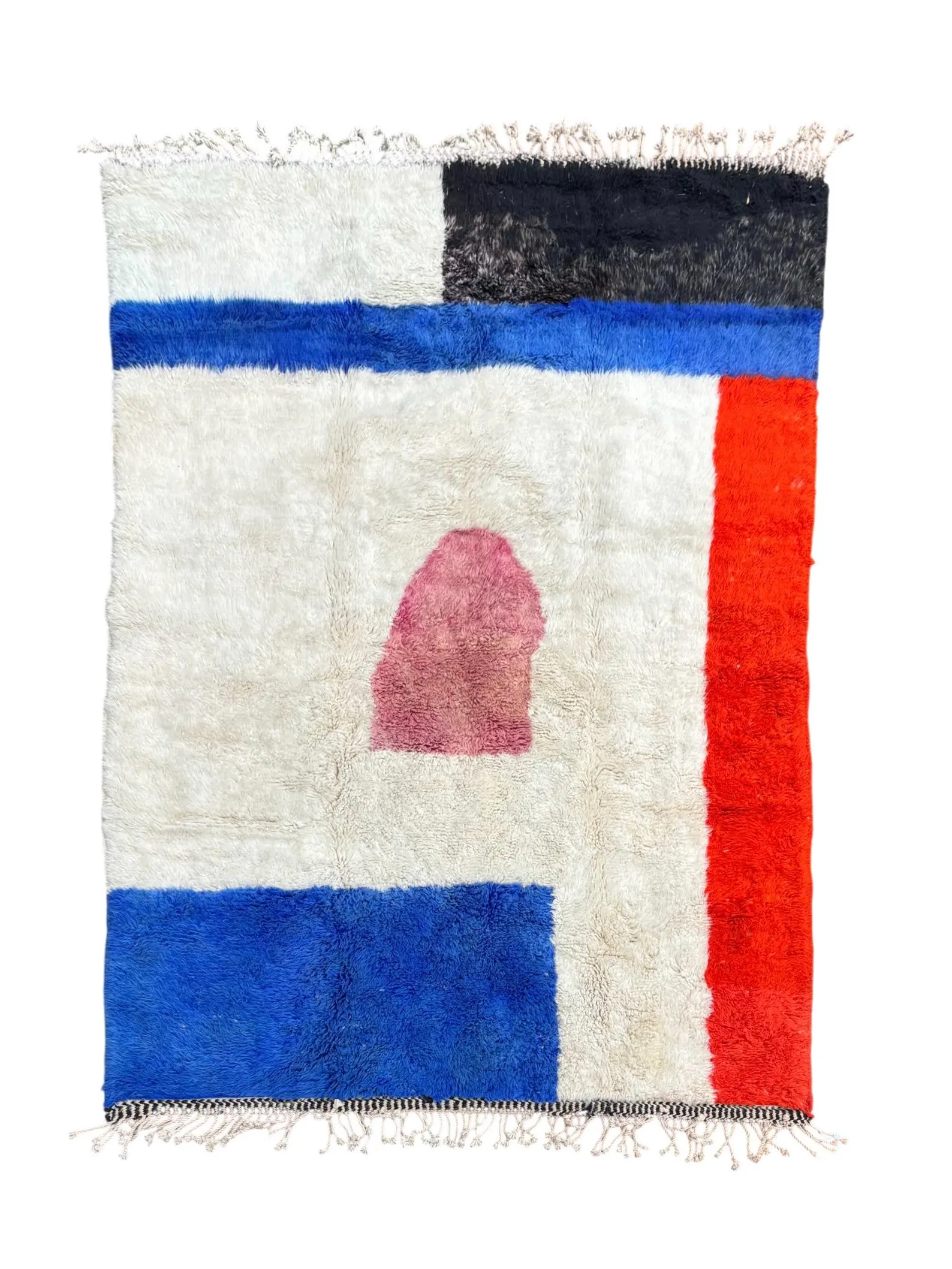 Shaggy white towel with a blue horizontal stripe and a red vertical edge, decorative flag-inspired design.