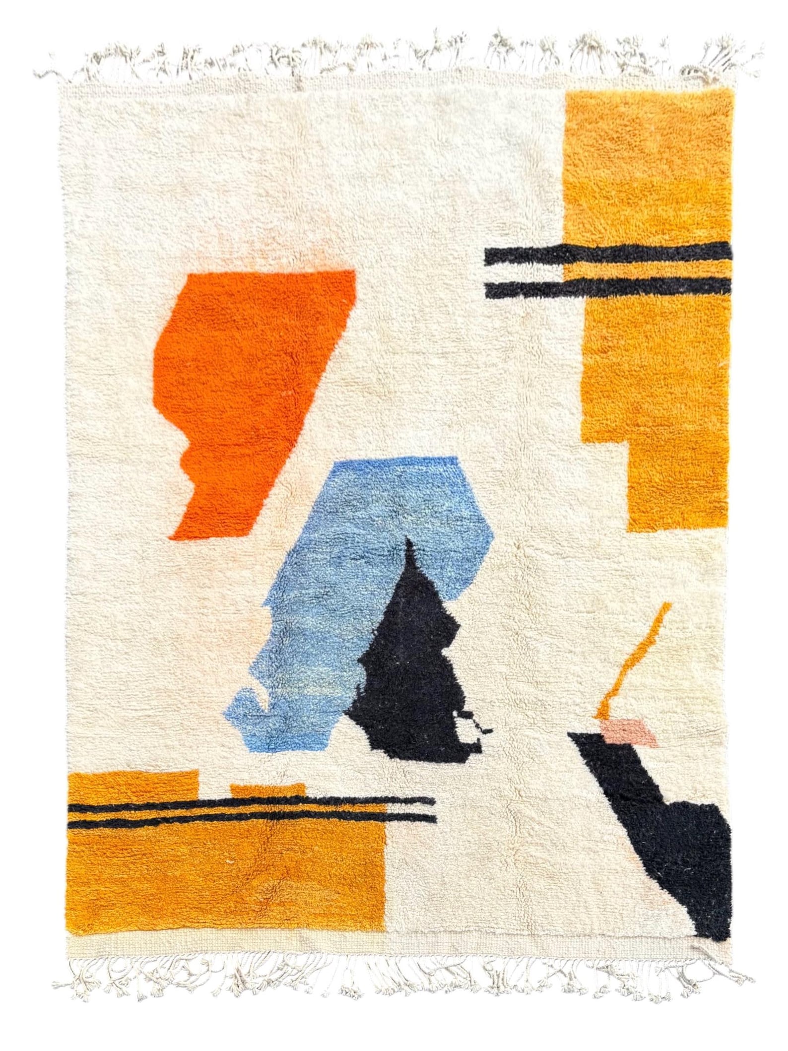 il_1588xN7211597017_qqphjpg - Les Losanges Composition Libre, tapis berbère abstrait écru orange bleu jaune et noir, vue de face détourée